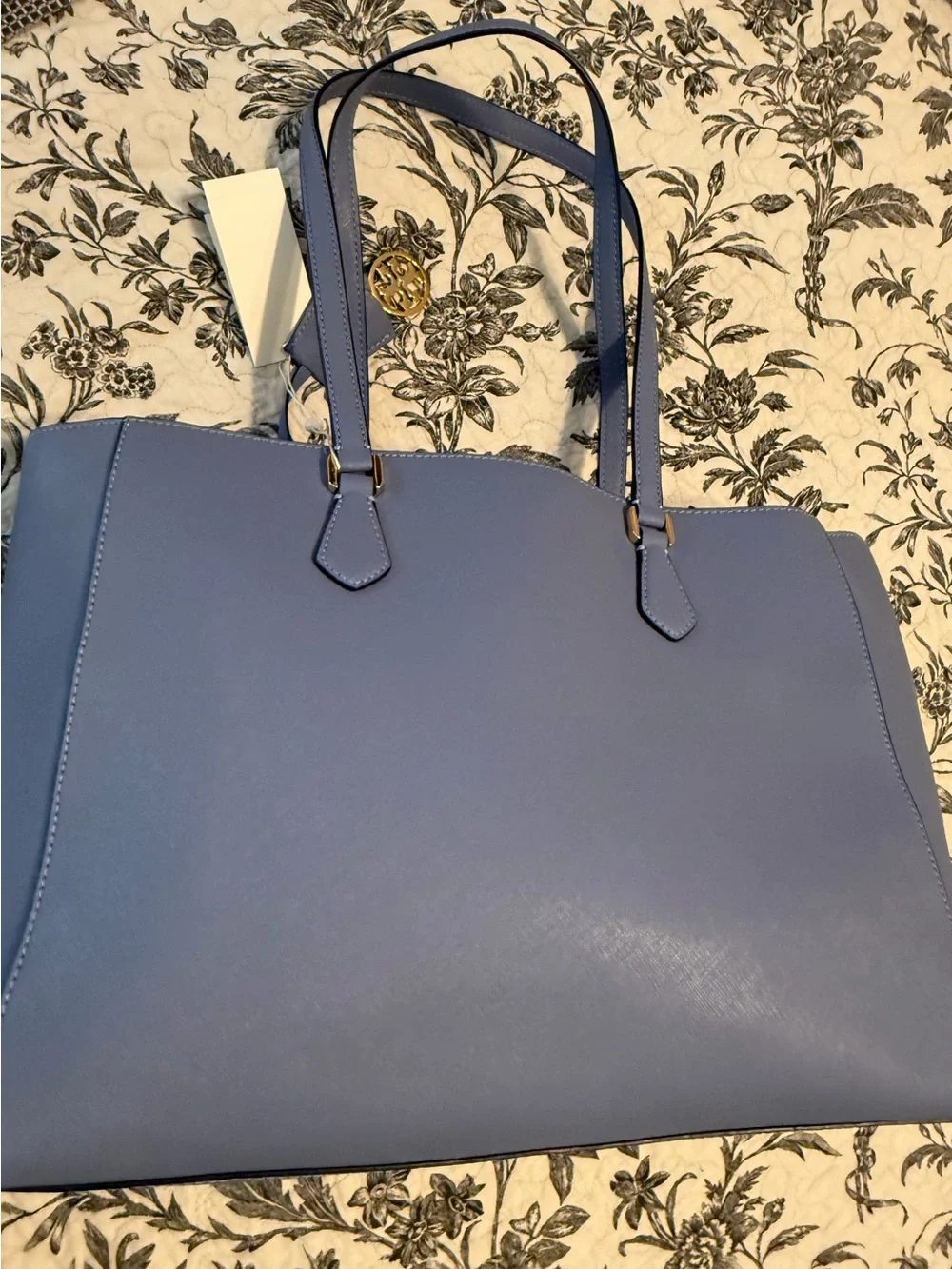 Tory Burch Periwinkle Leather Robinson Tote with Gold Logo Charm